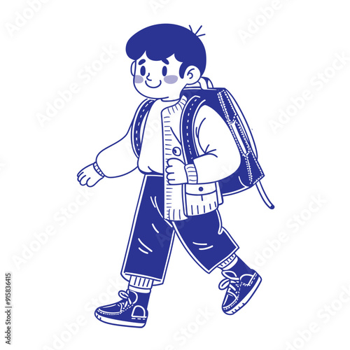 Cute cartoon schoolboy walking with a backpack, blue and white illustration.