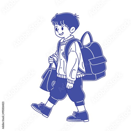 Cute cartoon schoolboy walking with a backpack, blue and white illustration.