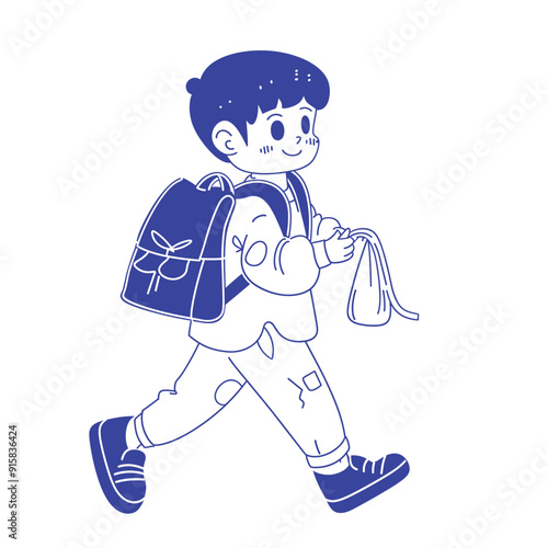 Cute cartoon schoolboy walking with a backpack, blue and white illustration.