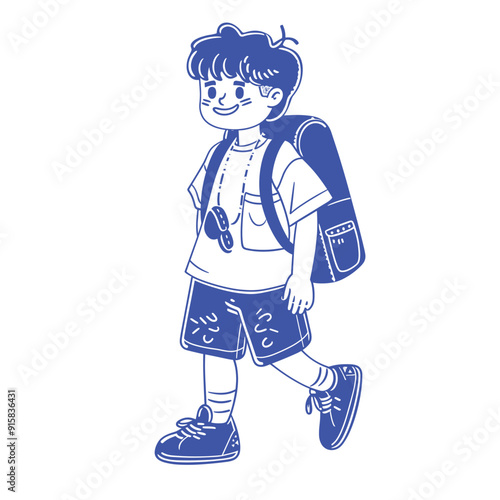 Cute cartoon schoolboy walking with a backpack, blue and white illustration.
