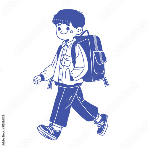 Cute cartoon schoolboy walking with a backpack, blue and white illustration.