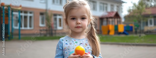 little girl with a toy on the background of the school. Selective focus