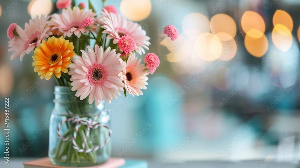 Colorful Flower Arrangement in Mason Jar With Soft Background Lights Colorful Flower Arrangement in Mason Jar With Soft Background Lights