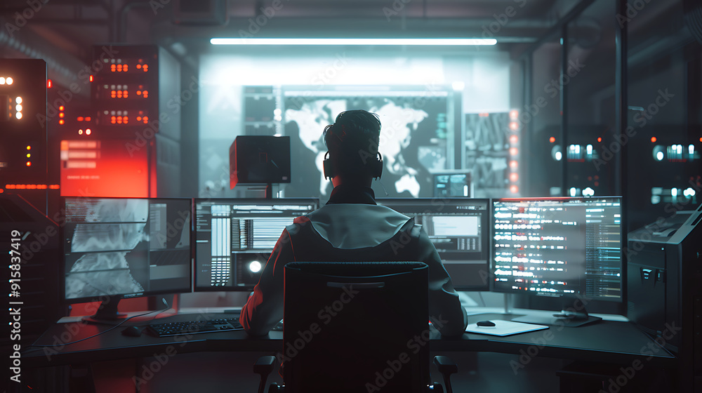 A male IT worker sits at his desk in front of computer monitors and looking computer screen, seen from behind and looking over the of an AI system that processes data on monitor displaying code
A male IT worker sits at his desk in front of computer monitors and looking computer screen, seen from behind and looking over the of an AI system that processes data on monitor displaying code