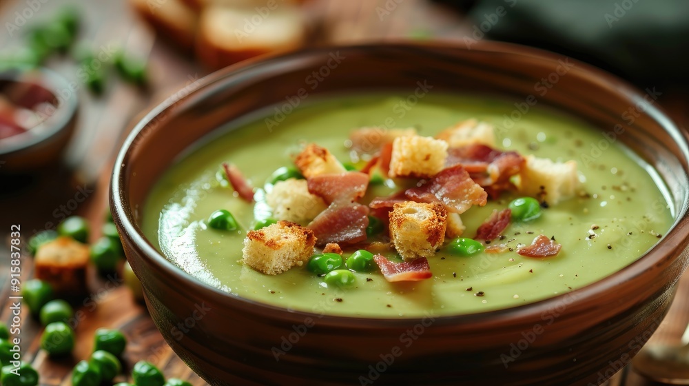 Cream soup of peas with fried bacon and croutons Cream soup of peas with fried bacon and croutons