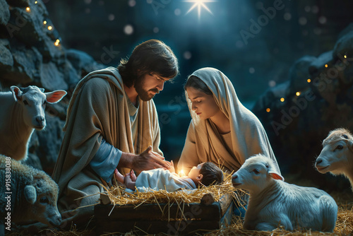 Mary and Joseph with baby Jesus in the manger, surrounded by animals, illuminated by the Star of Bethlehem photo