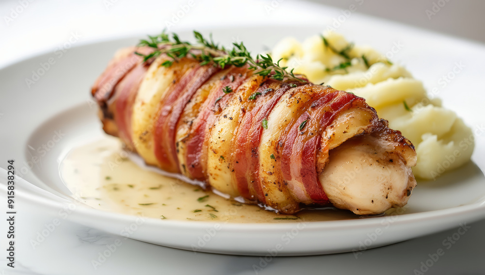 Roasted chicken fillet wrapped in bacon served with mashed potatoes Roasted chicken fillet wrapped in bacon served with mashed potatoes