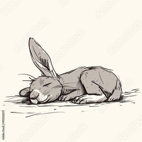 Simple drawing of a sleeping rabbit, peaceful and cute illustration.

