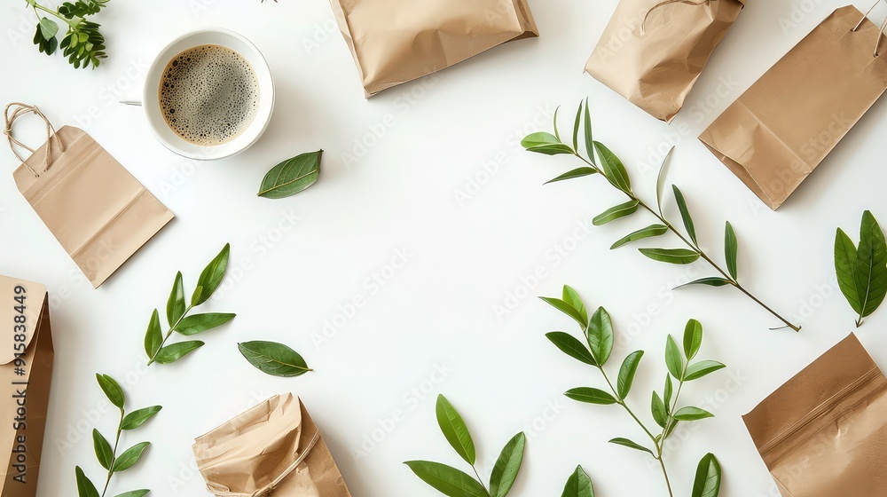 A flat lay of green leaves and brown paper bags on a white surface with a cup of coffee in the top left corner. A flat lay of green leaves and brown paper bags on a white surface with a cup of coffee in the top left corner.