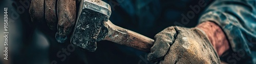 a man holds a hammer close-up. Selective focus photo