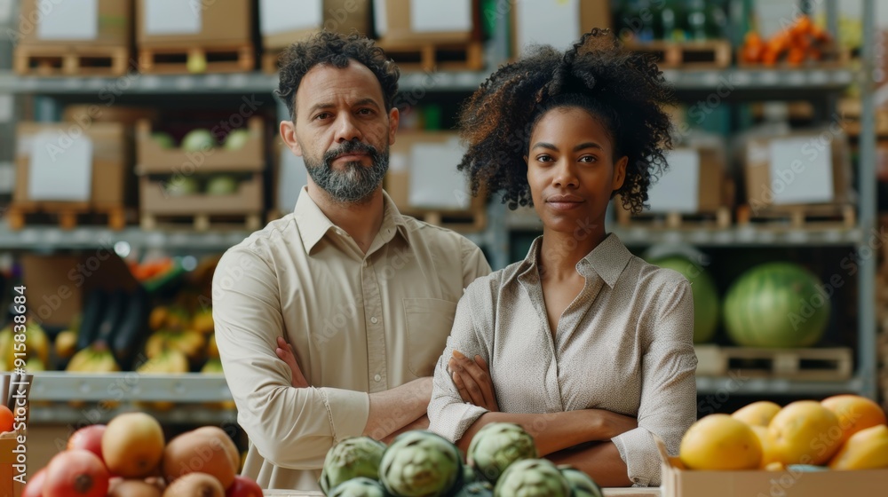 Fototapeta premium Two confident black grocery store owners standing in front of fresh produce display, arms crossed, showcasing healthy food options, proud of their business success.