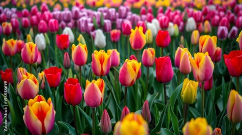 Vibrant field of tulips in various colors including red, yellow, pink, and purple, showcasing natural beauty and springtime blooms, brightening landscape with floral diversity.