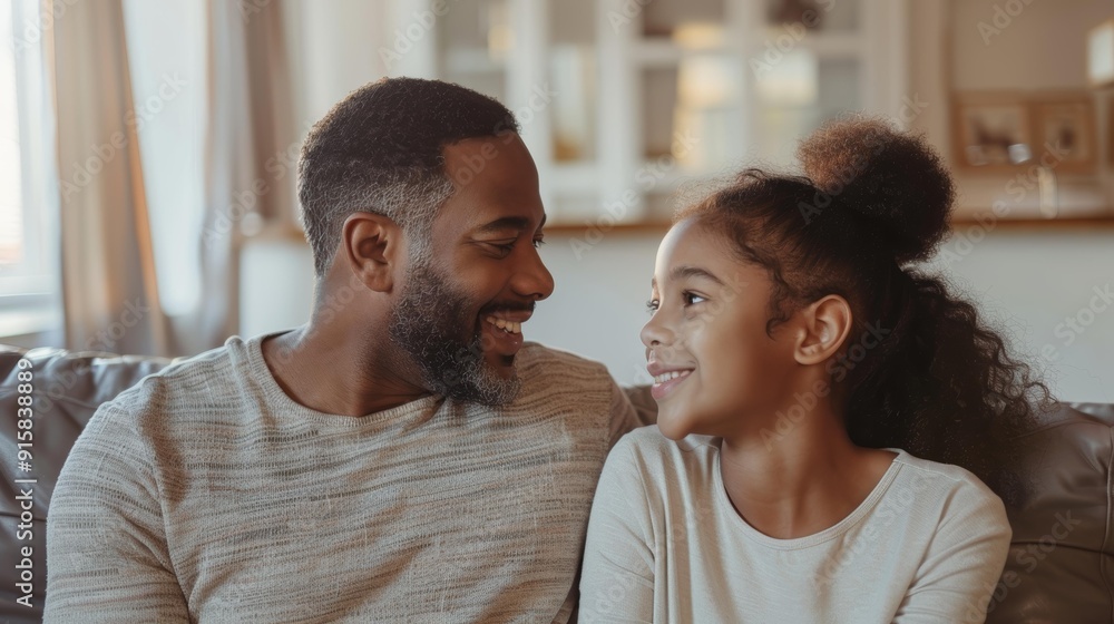 Obraz premium Smiling black father and daughter sit close together on sofa, sharing joyful moment, enjoying quality time, fostering strong family bond, expressing love and happiness.