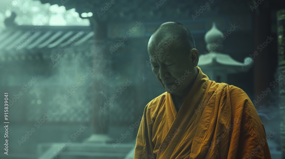 Naklejka premium A Meditative Monk Is Found Deep Within a Peaceful, Tranquil, and Natural Environment