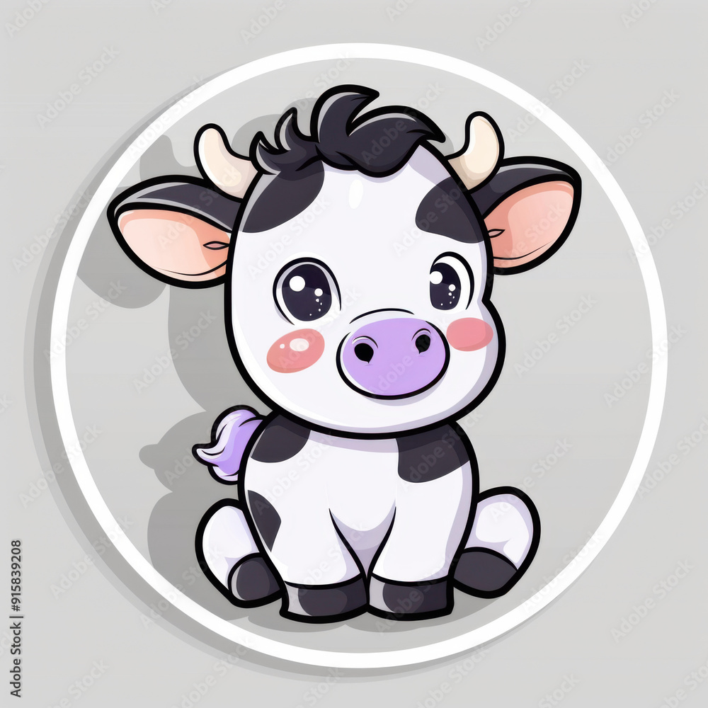 A simple and adorable vector logo in kawaii style, featuring a cute cow sitting on a grey background. The design is rendered in black and white with purple accents and bold outlines, making it perfect A simple and adorable vector logo in kawaii style, featuring a cute cow sitting on a grey background. The design is rendered in black and white with purple accents and bold outlines, making it perfect