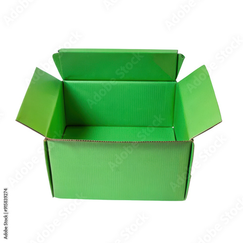Empty green cardboard box with open flaps, perfect for packaging, storage, or creative projects.
