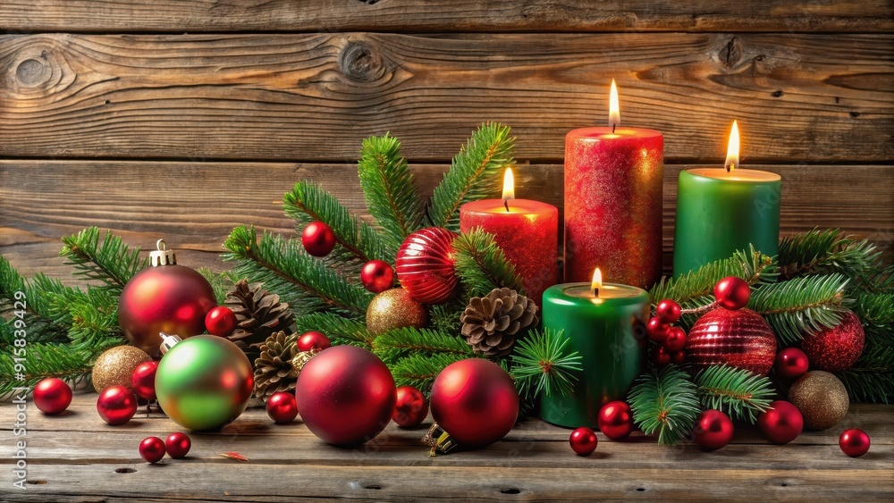 Christmas still life featuring a traditional red and green color scheme, with ornaments, candles, and evergreen branches Christmas still life featuring a traditional red and green color scheme, with ornaments, candles, and evergreen branches