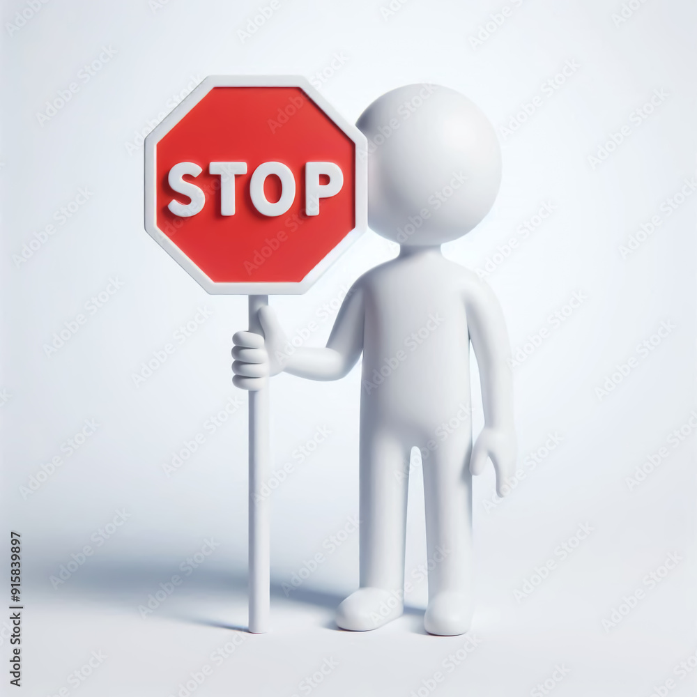 3D white figure cartoon with STOP sign on white background 3D white figure cartoon with STOP sign on white background
