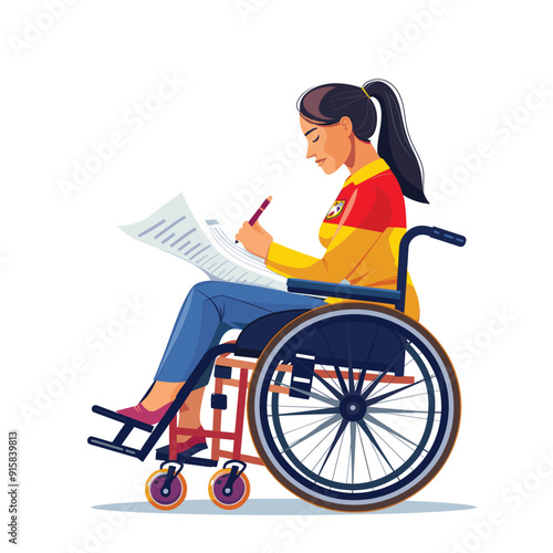 Woman in a wheelchair writing on a clipboard, colorful and focused illustration.
