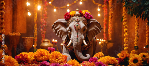 Hindu festival celebration with decorated elephant. Background with flowers, festive lights and gold for banner, poster, greeting card with copy space. Thrissur Pooram or Ganesh Chaturthi festival.	
 photo