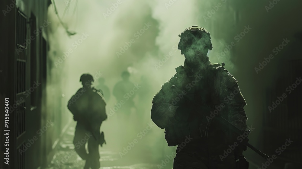 Fototapeta premium Soldiers engage bravely in action amid smoke and shadows, showcasing their courage