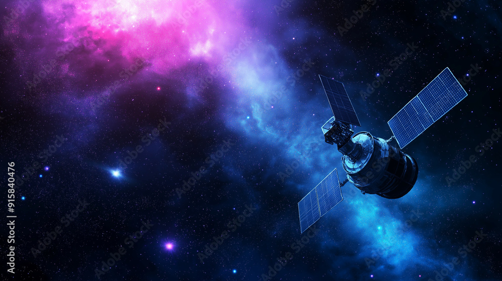 A satellite capturing data from deep space, with nebulae and distant galaxies scattered across the cosmic background A satellite capturing data from deep space, with nebulae and distant galaxies scattered across the cosmic background