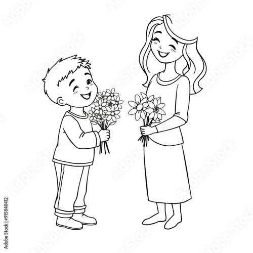 parent and child with a bouquet coloring page on an Isolated transparent background. generated with AI