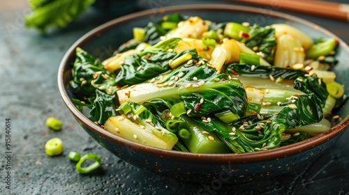 Homemade asian sauteed soy bok choy with sesame seeds. Stir fry pak choi. Asian food
