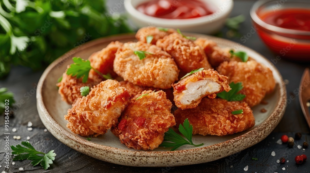 Breaded mini chicken fillets served with tomato sauce. American food. Chicken nuggets with parsley. Breaded mini chicken fillets served with tomato sauce. American food. Chicken nuggets with parsley.