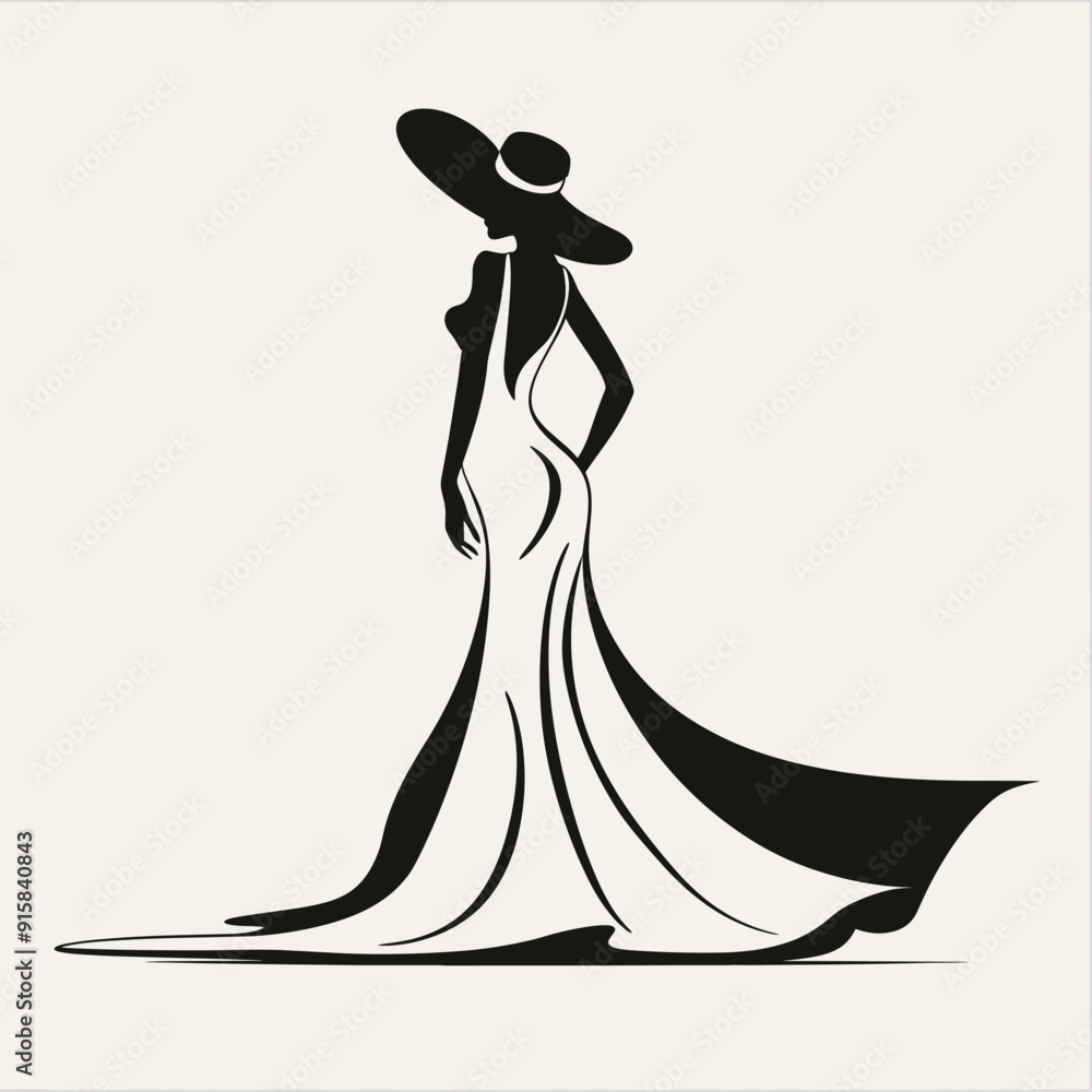 Elegant woman in a flowing white dress and black hat, minimalist and stylish illustration.
Elegant woman in a flowing white dress and black hat, minimalist and stylish illustration.