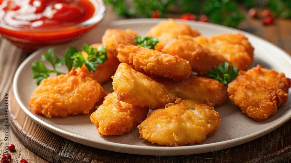 Breaded mini chicken fillets served with tomato sauce. American food. Chicken nuggets with parsley. Breaded mini chicken fillets served with tomato sauce. American food. Chicken nuggets with parsley.