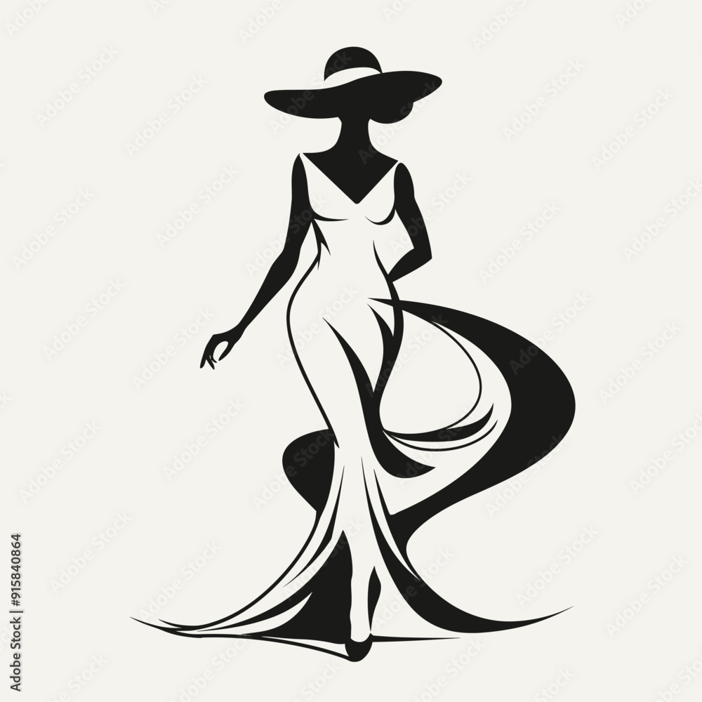 Elegant woman in a flowing white dress and black hat, minimalist and stylish illustration.
Elegant woman in a flowing white dress and black hat, minimalist and stylish illustration.