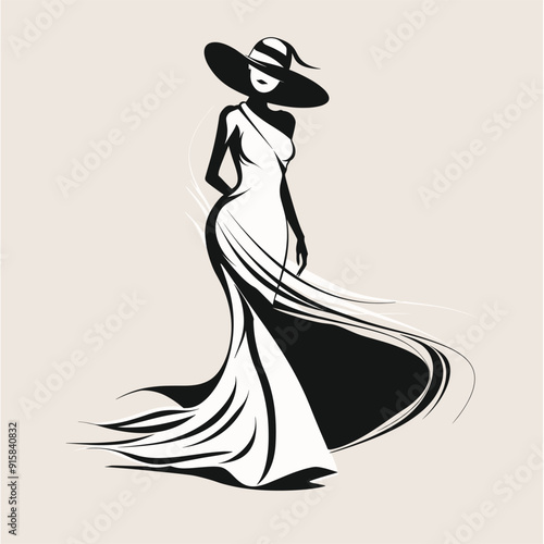 Elegant woman in a flowing white dress and black hat, minimalist and stylish illustration.
