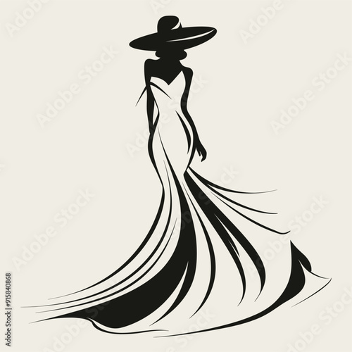 Elegant woman in a flowing white dress and black hat, minimalist and stylish illustration.
