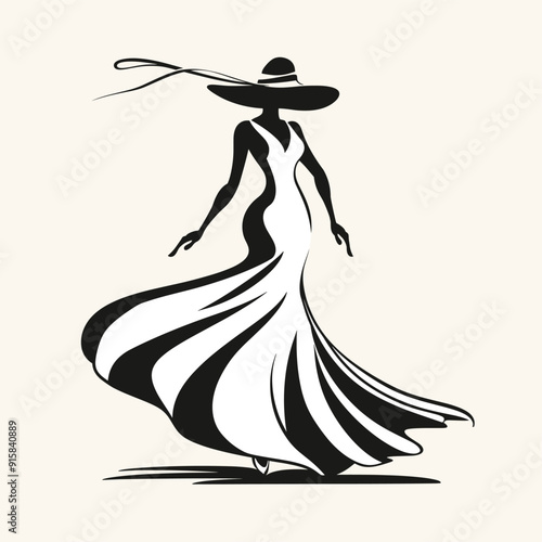 Elegant woman in a flowing white dress and black hat, minimalist and stylish illustration.
