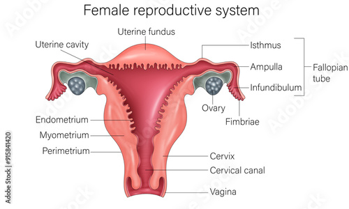 Detailed Structure of Female Reproductive System: Comprehensive Vector Illustration for Medical Education, Anatomy, and Health Science on White Background