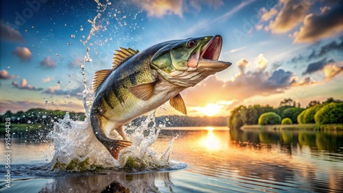 Big bass jumping out of water , large mouth bass, fishing, usa, river, lake, weekend, outdoors, nature