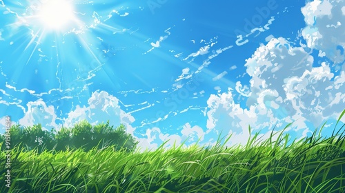 Sunny day weather on beautiful blue sky and green grass. Japanese illustration style.