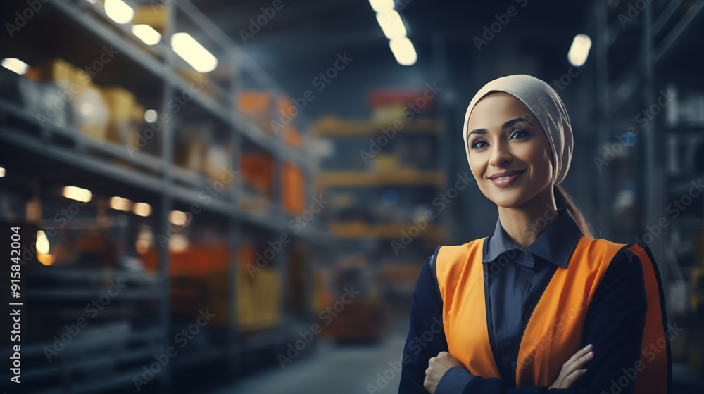 A confident woman in a warehouse, wearing a safety vest and hijab, smiles amidst shelves. A confident woman in a warehouse, wearing a safety vest and hijab, smiles amidst shelves.