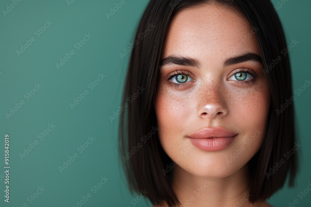 Young Woman with Freckles and Glowing Skin - Close-Up Portrait Against Green Background - Perfect for Skincare, Beauty, and Lifestyle Branding - Ideal for Web Banners, Marketing Materials, and Health Young Woman with Freckles and Glowing Skin - Close-Up Portrait Against Green Background - Perfect for Skincare, Beauty, and Lifestyle Branding - Ideal for Web Banners, Marketing Materials, and Health