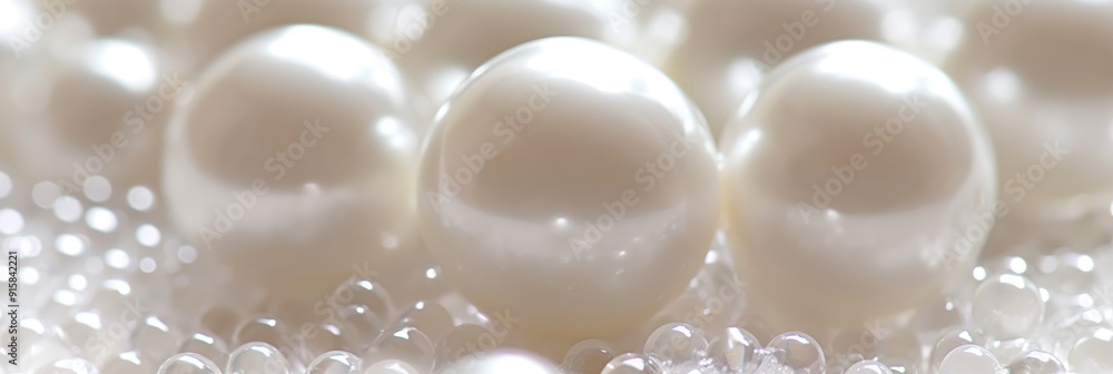 Close-up of glossy white pearls arranged on a reflective surface with smaller beads in the background Close-up of glossy white pearls arranged on a reflective surface with smaller beads in the background