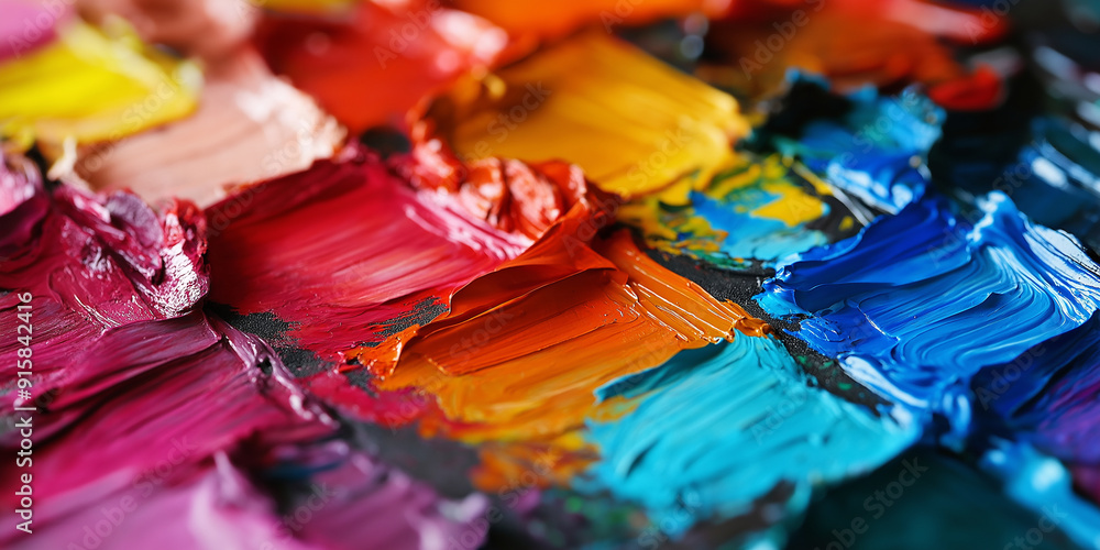 Fototapeta premium A close-up of an artist's palette with a variety of vivid paint colors
