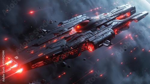 An imaginative and visually stunning futuristic battleship set in the vast expanse of deep space