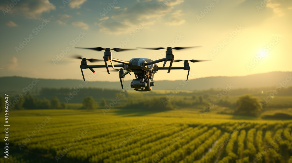 A drone flying over a lush vineyard during sunset, showcasing agricultural technology. A drone flying over a lush vineyard during sunset, showcasing agricultural technology.