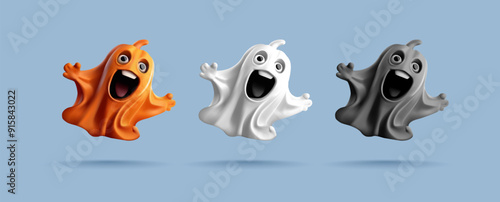 A set of colorful scary ghosts, 3D. They scare Funny, cartoon character for Halloween, flying ghosts. Vector illustration.