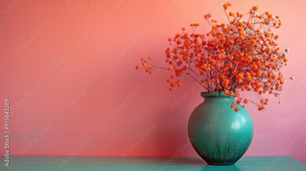 Dried orange gypsophila in vase on green table, pink wall background, home decor Dried orange gypsophila in vase on green table, pink wall background, home decor