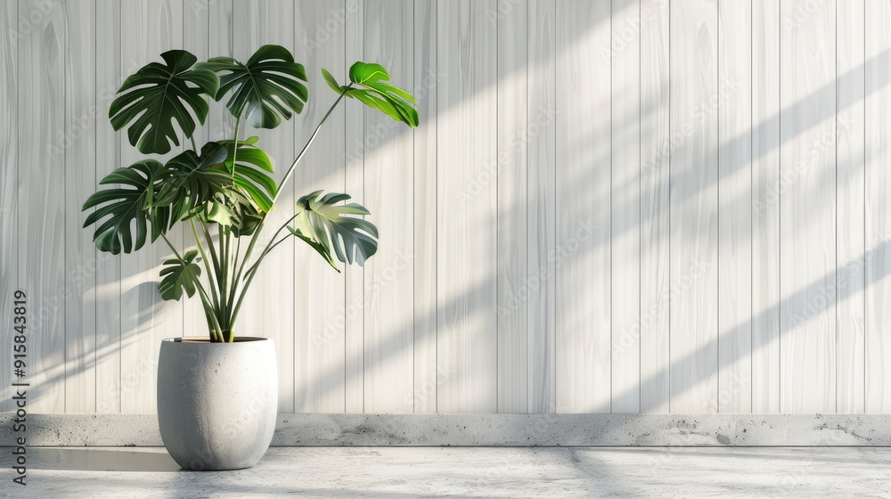 Fototapeta premium Leafy monstera in grey pot on concrete floor against white wood wall with copy space