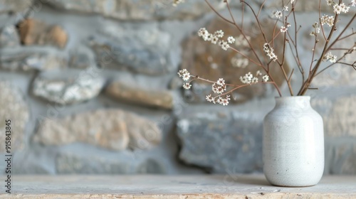 White Flowers in a White Vase Against a Rustic Stone Wall