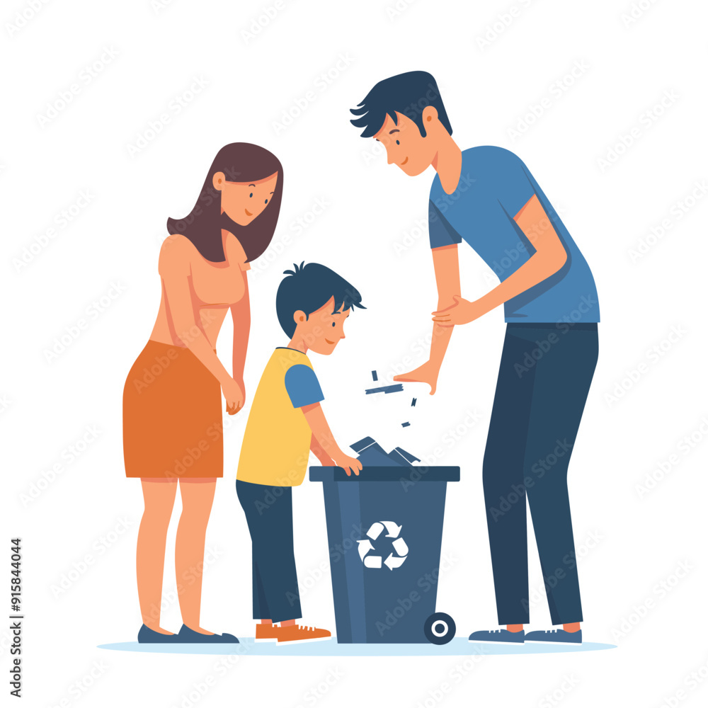 Young couple teaching their child to recycle, warm and educational illustration.
Young couple teaching their child to recycle, warm and educational illustration.