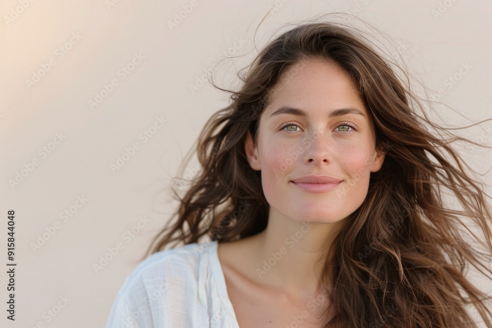 Portrait of a smiling woman with long brown windblown hair, wearing a white top against a neutral background.
Portrait of a smiling woman with long brown windblown hair, wearing a white top against a neutral background.